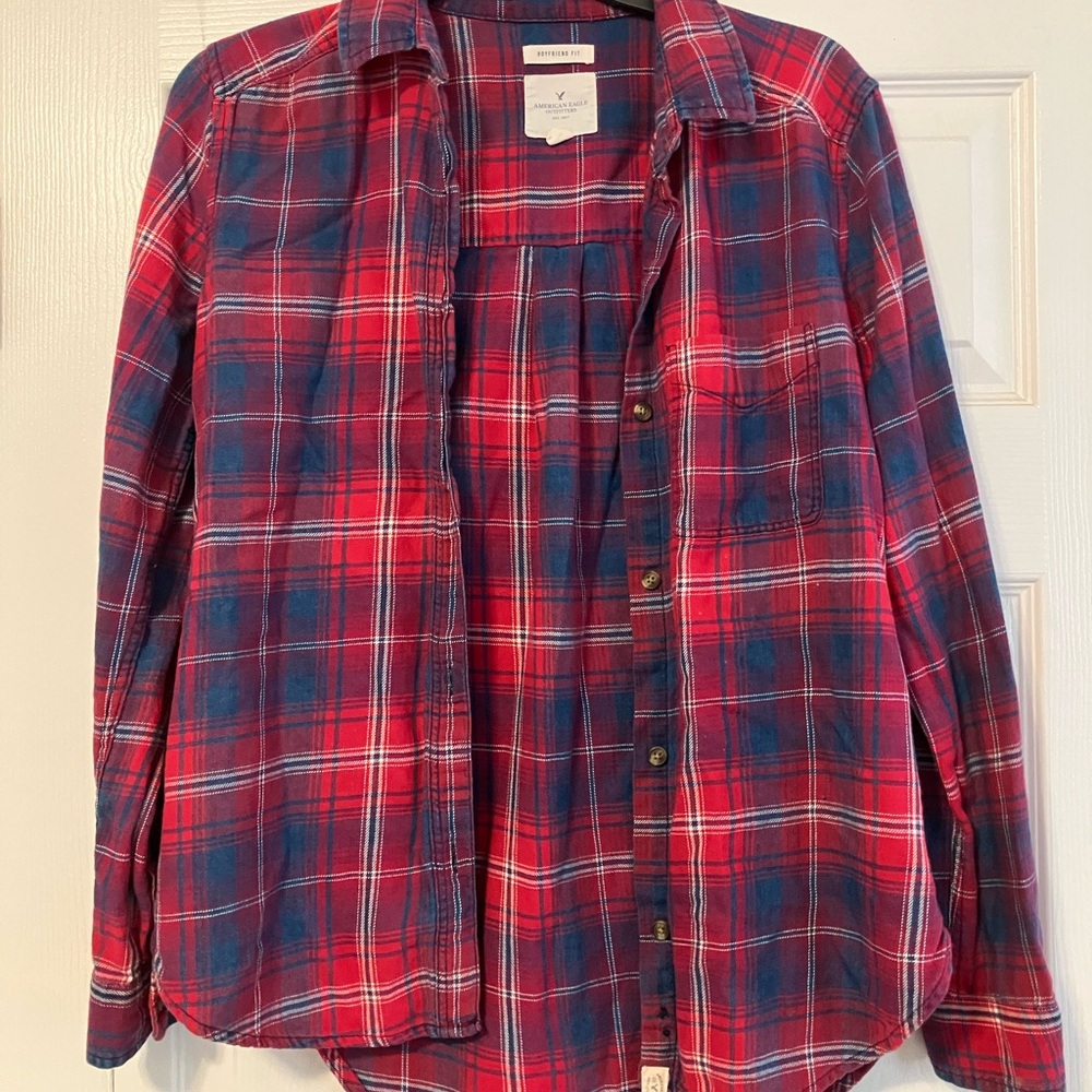 American Eagle Outfitters Red and Blue Plaid Shirt Womens S